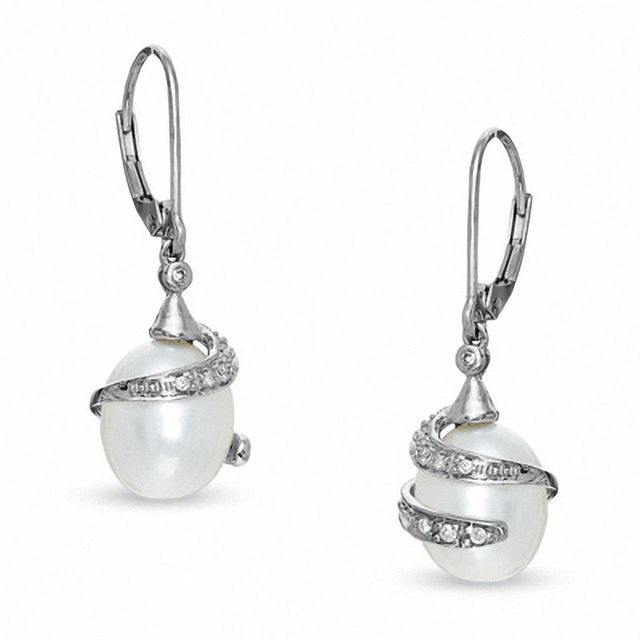 Previously Owned-Freshwater Cultured Pearl and Diamond Accent Wrap Earrings in 10K White Gold