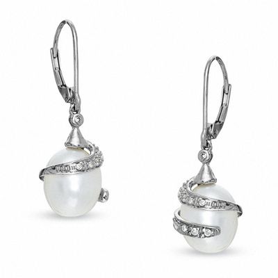Previously Owned-Freshwater Cultured Pearl and Diamond Accent Wrap Earrings in 10K White Gold|Peoples Jewellers