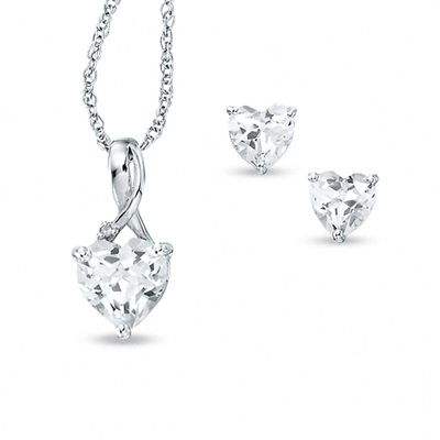 Previously Owned - Heart-Shaped Lab-Created White Sapphire and Diamond Pendant and Earrings Set in Sterling Silver|Peoples Jewellers