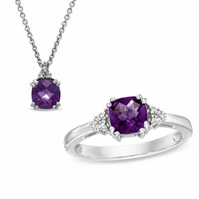Previously Owned - 6.0mm Cushion-Cut Amethyst and Diamond Accent Pendant and Ring Set in Sterling Silver|Peoples Jewellers