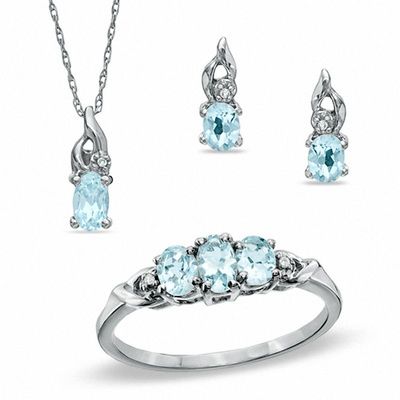 Previously Owned - Oval Aquamarine and Diamond Accent Ring, Pendant and Earrings Set in 10K White Gold|Peoples Jewellers