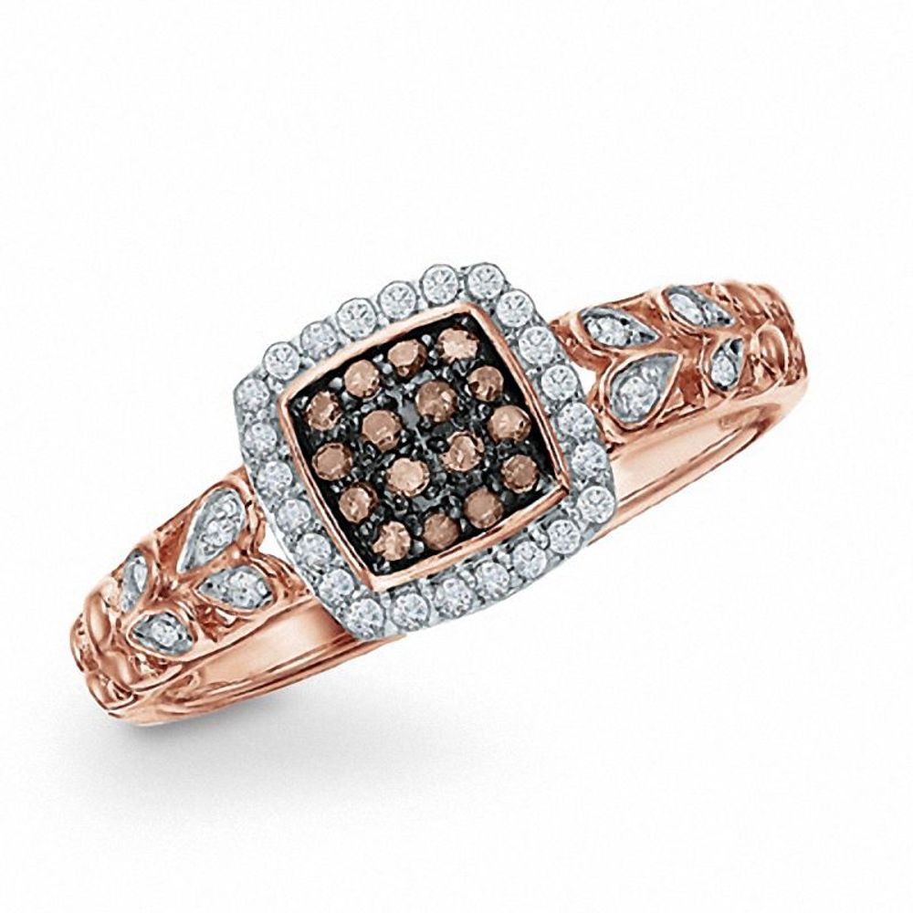 Previously Owned - 0.21 CT. T.W. Champagne and White Diamond Square Frame Ring in 10K Rose Gold|Peoples Jewellers