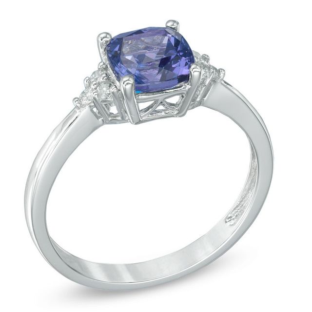 Previously Owned - 6.5mm Cushion-Cut Tanzanite and Diamond Accent Ring in 10K White Gold