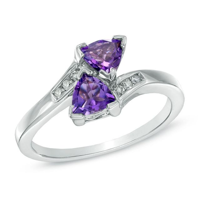 Previously Owned - 5.0mm Trillion-Cut Amethyst and 0.04 CT. T.W. Diamond Bypass Ring in Sterling Silver
