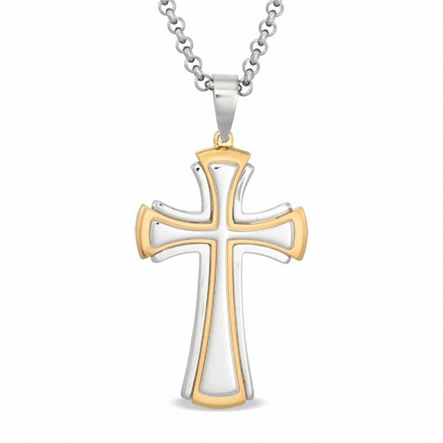 Previously Owned - Men's Stacked Cross Pendant in Two-Tone Stainless Steel - 24"