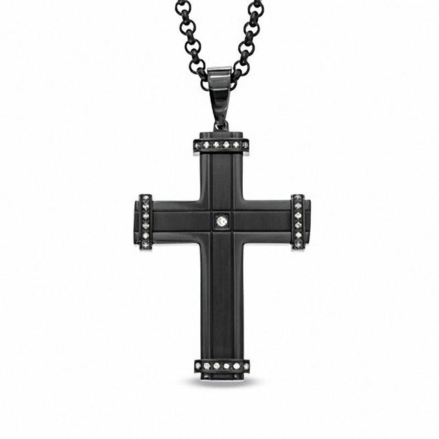 Previously Owned - Men's 0.15 CT. T.W. Diamond Cross Pendant in Black IP Stainless Steel - 24"|Peoples Jewellers