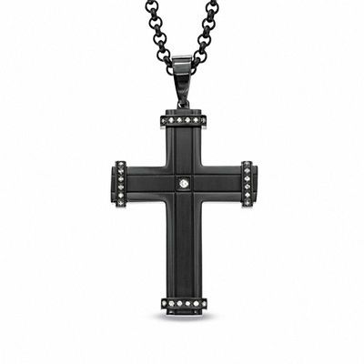 Previously Owned - Men's 0.15 CT. T.W. Diamond Cross Pendant in Black IP Stainless Steel - 24"|Peoples Jewellers