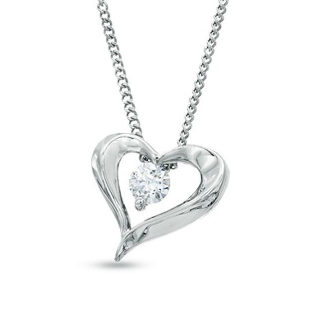 Previously Owned - 0.10 CT.   Diamond Solitaire Heart Pendant in 14K White Gold (I/I2) - 17"