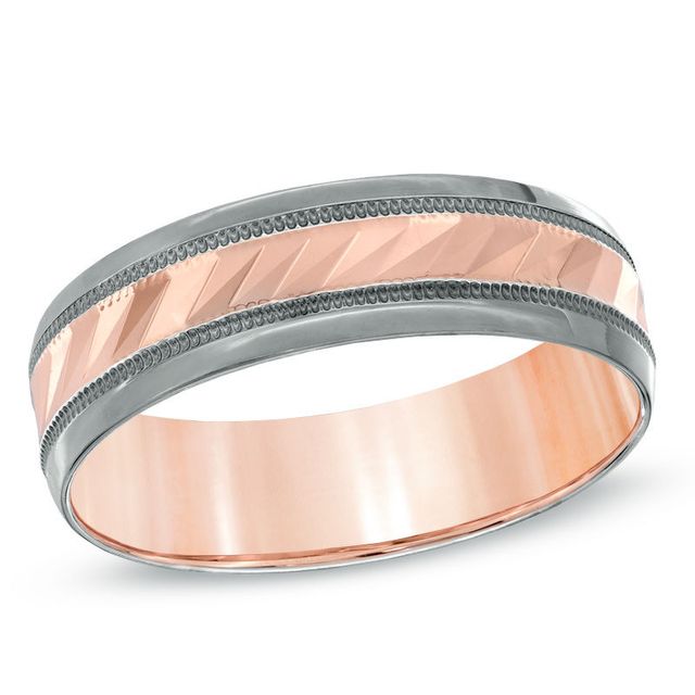 Previously Owned - Men's 6.0mm Comfort Wedding Band in 10K Rose Gold with Charcoal Rhodium|Peoples Jewellers
