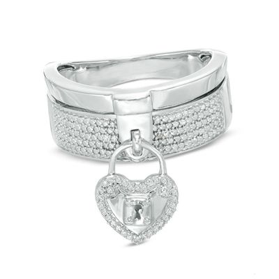 Previously Owned - Forever Locking Love™ 0.10 CT. T.W. Diamond Heart-Shaped Padlock Charm Dangle Ring in Sterling Silver|Peoples Jewellers