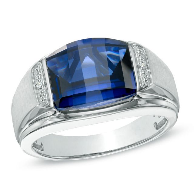 Previously Owned - Men's Barrel-Cut Lab-Created Blue Sapphire and Diamond Accent Ring in Sterling Silver|Peoples Jewellers