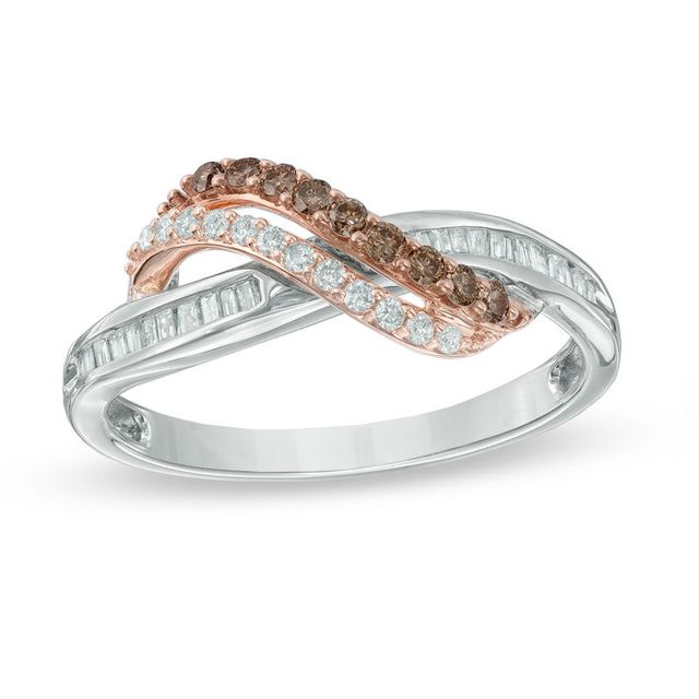 Previously Owned - 0.33 CT. T.W. Champagne and White Diamond Wave Overlay Ring in 10K Two-Tone Gold|Peoples Jewellers