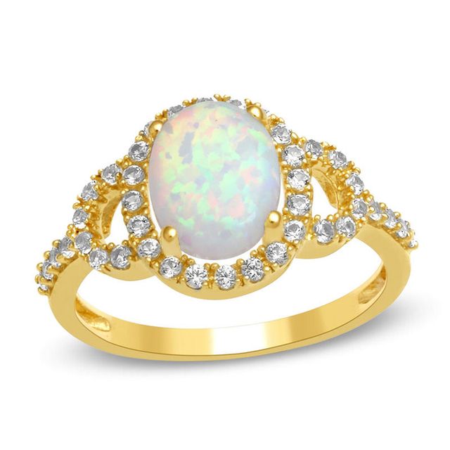 Previously Owned - Oval Lab-Created Opal and White Sapphire Buckle Frame Ring in 10K Gold|Peoples Jewellers