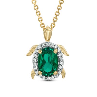 Previously Owned - Oval Lab-Created Emerald and White Sapphire Turtle Pendant in Sterling Silver with 18K Gold Plate|Peoples Jewellers