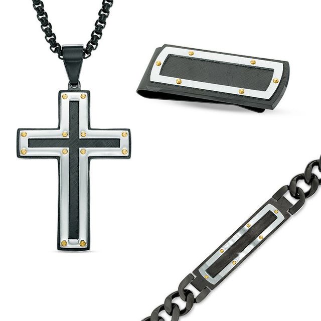 Previously Owned - Men's Pendant, ID Bracelet and Money Clip Set in Tri-Tone Stainless Steel - 24"|Peoples Jewellers