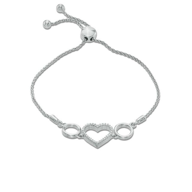 Previously Owned - 0.10 CT. T.W. Diamond Heart Station Bolo Bracelet in Sterling Silver - 9.5"