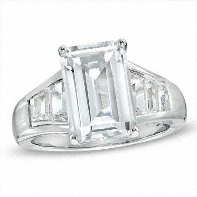 Previously Owned - Emerald-Cut Lab-Created White Sapphire Ring in Sterling Silver|Peoples Jewellers