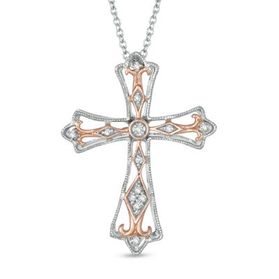 Previously Owned - Diamond Accent Cross Pendant in Sterling Silver and 10K Rose Gold|Peoples Jewellers