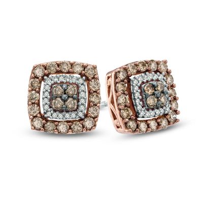 Previously Owned - 0.58 CT. T.W. Quad Champagne and White Diamond Double Square Frame Stud Earrings in 10K Rose Gold|Peoples Jewellers