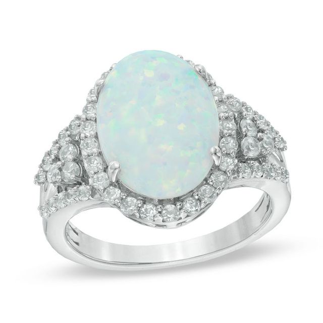 Previously Owned - Oval Lab-Created Opal and White Sapphire Ring in Sterling Silver|Peoples Jewellers