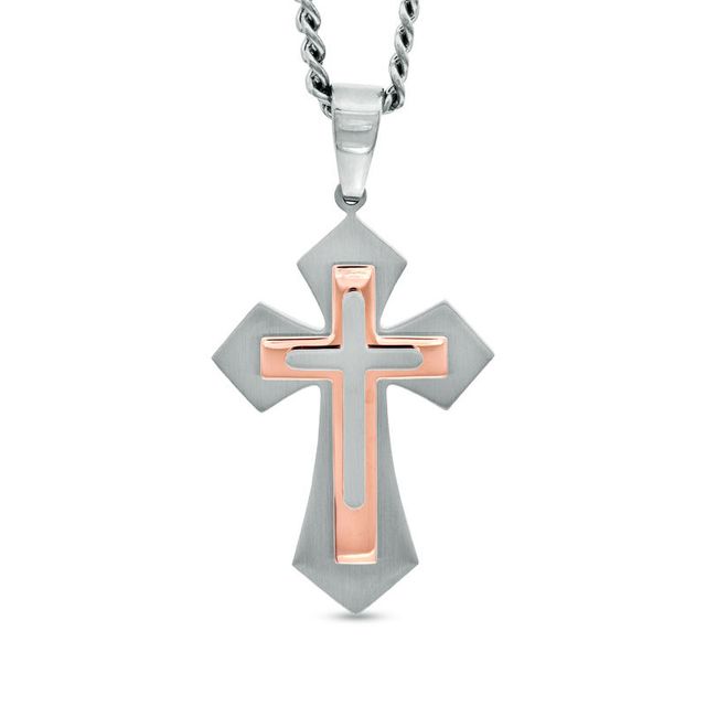 Previously Owned - Men's Stacked Cross Pendant in Two-Tone Stainless Steel - 24"|Peoples Jewellers