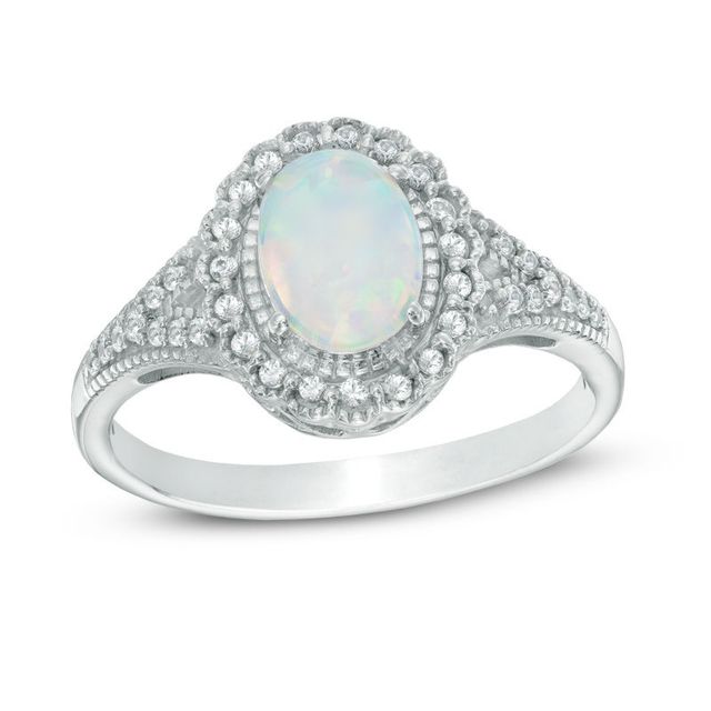 Previously Owned - Oval Lab-Created Opal and White Sapphire Frame Ring in Sterling Silver|Peoples Jewellers