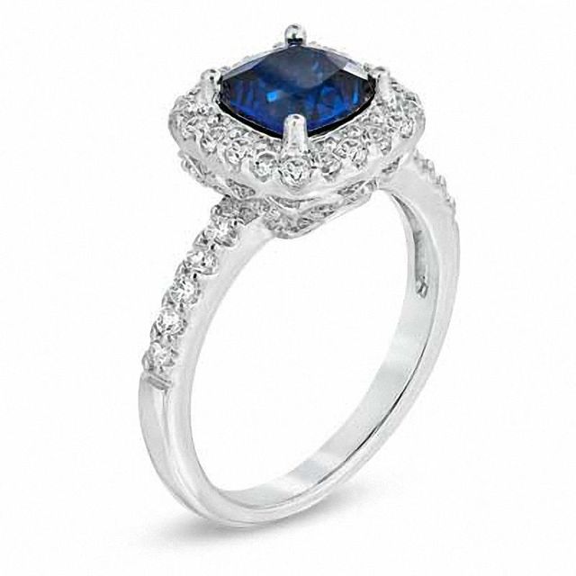 Previously Owned - 7.0mm Cushion-Cut Lab-Created Blue and White Sapphire Ring in Sterling Silver|Peoples Jewellers