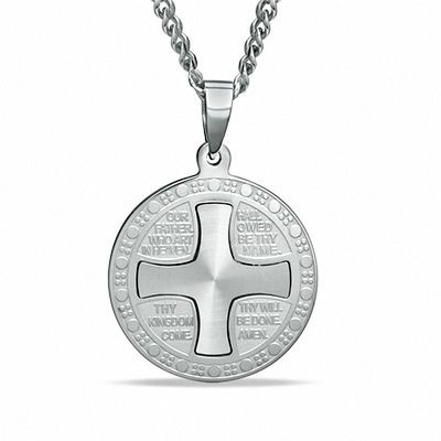 Previously Owned - Men's Lord's Prayer Round Cross Pendant in Stainless Steel - 24"|Peoples Jewellers