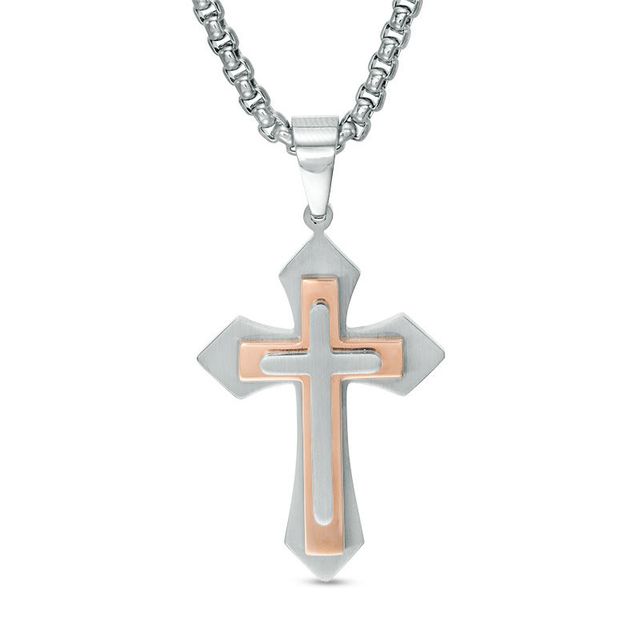 Previously Owned - Men's Gothic-Style Layered Cross Pendant in Stainless Steel and Rose IP - 24"|Peoples Jewellers