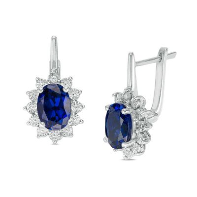 Previously Owned - Oval Lab-Created Blue Sapphire and Diamond Accent Sunburst Drop Earrings in Sterling Silver|Peoples Jewellers