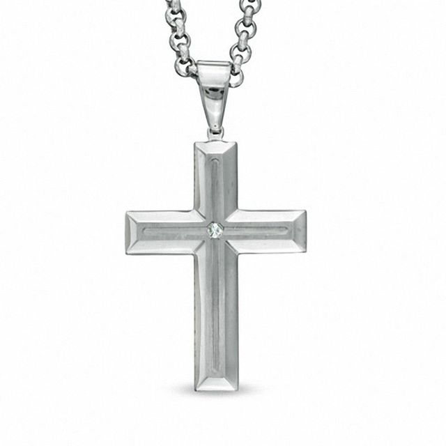 Previously Owned - Men's Diamond Accent Cross Pendant in Stainless Steel - 24"|Peoples Jewellers