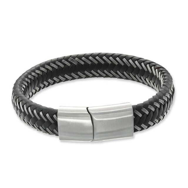 Previously Owned - Men's 12.0mm Black Braided Leather Bracelet in Stainless Steel - 8.5"