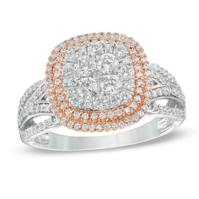 Previously Owned - 1.00 CT. T. W. Composite Diamond Double Square Frame Split Shank Engagement Ring in 10K Two-Tone Gold