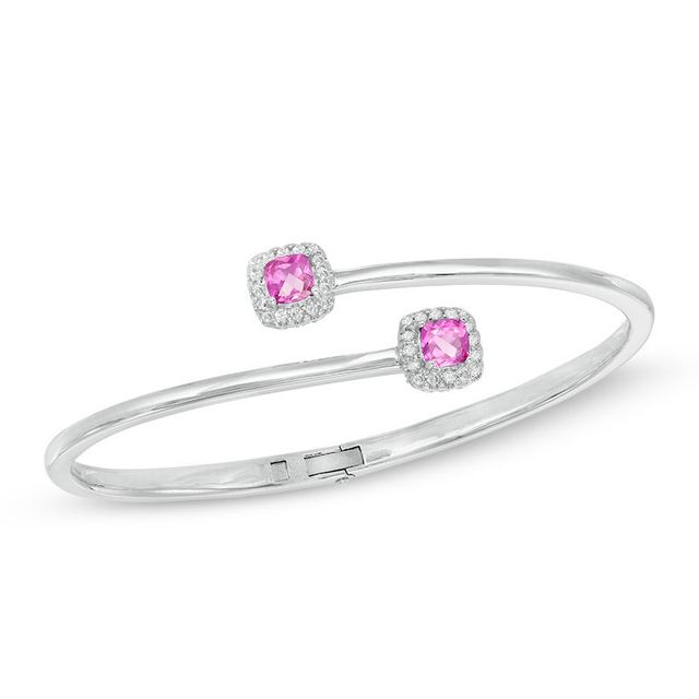 Previously Owned - 5.0mm Cushion-Cut Lab-Created Pink and White Sapphire Frame Hinged Bangle in Sterling Silver|Peoples Jewellers