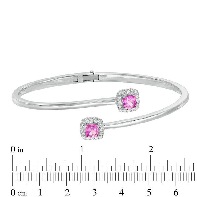 Previously Owned - 5.0mm Cushion-Cut Lab-Created Pink and White Sapphire Frame Hinged Bangle in Sterling Silver|Peoples Jewellers