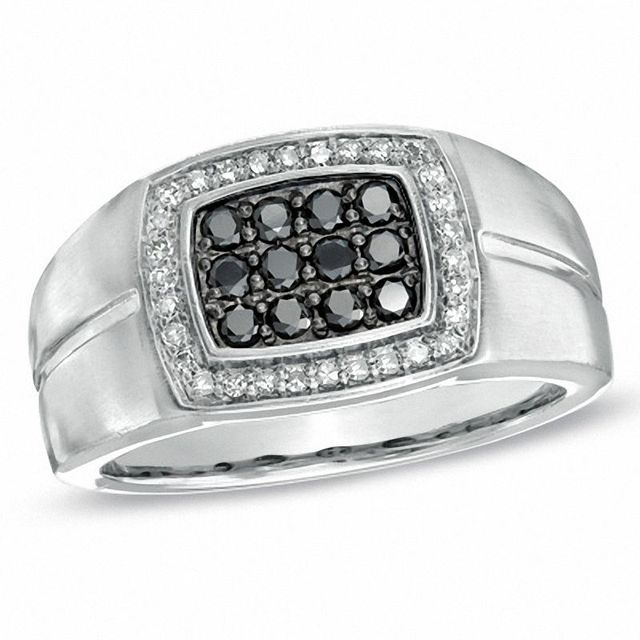 Previously Owned - Men's Black Sapphire and 0.14 CT. T.W. Diamond Frame Ring in 10K White Gold|Peoples Jewellers