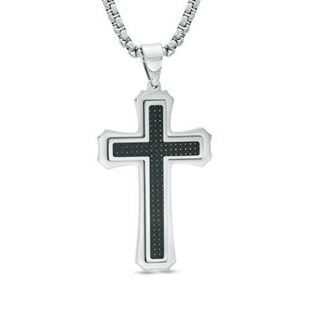 Previously Owned - Men's Gothic-Style Cross Pendant with Black Carbon Fibre in Stainless Steel - 24"|Peoples Jewellers