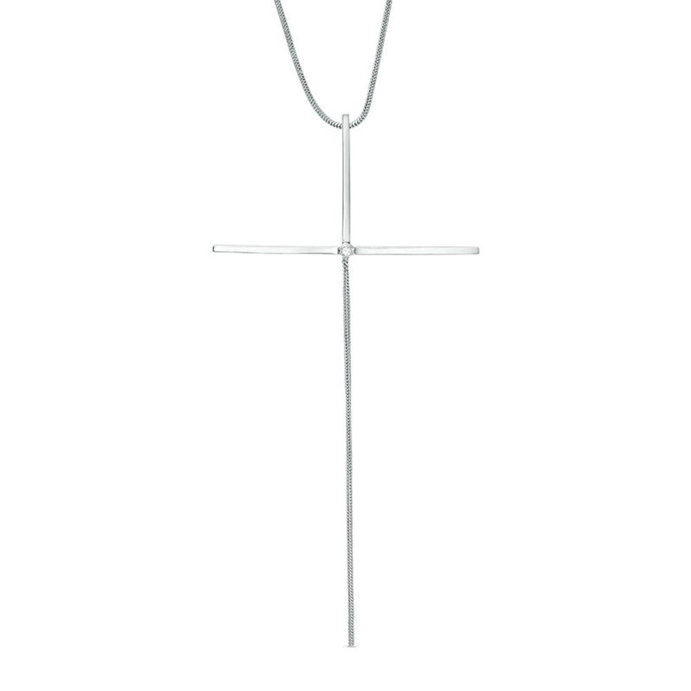 Previously Owned - Diamond Accent Elongated Cross Pendant in Sterling Silver - 16"|Peoples Jewellers