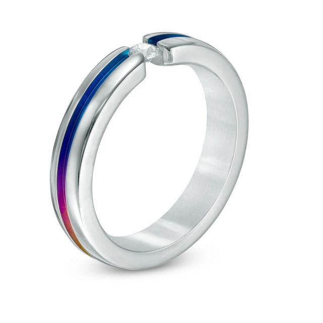 Previously Owned - Love and Prideâ¢ 0.10 CT. Diamond Solitaire Rainbow Anniversary Band in Anodized Titanium