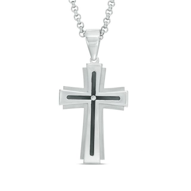 Previously Owned - Men's Diamond Accent Groove Cross Pendant in Two-Tone Stainless Steel - 24"|Peoples Jewellers