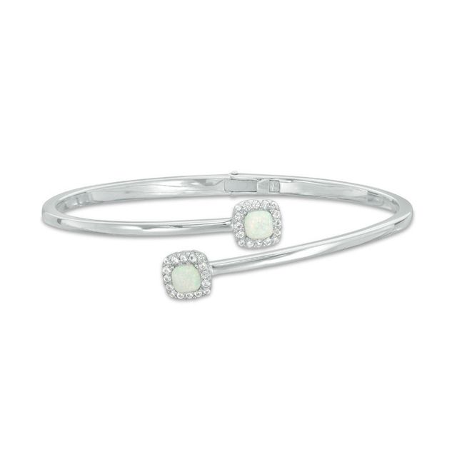 Previously Owned - 5.0mm Cushion-Cut Lab-Created Opal and White Sapphire Frame Bypass Bangle in Sterling Silver - 7.25"|Peoples Jewellers