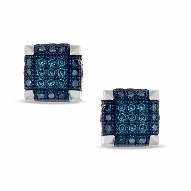 Previously Owned - 0.19 CT. T.W. Enhanced Blue Diamond Square Stud Earrings in 10K White Gold|Peoples Jewellers