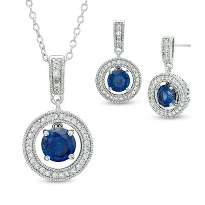 Previously Owned - Lab-Created Blue and White Sapphire Frame Pendant and Earrings Set in Sterling Silver|Peoples Jewellers