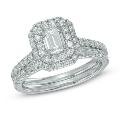 Previously Owned - 1.45 CT. T.W.   Emerald-Cut Diamond Double Frame Bridal Set in 14K White Gold (I/I1)|Peoples Jewellers