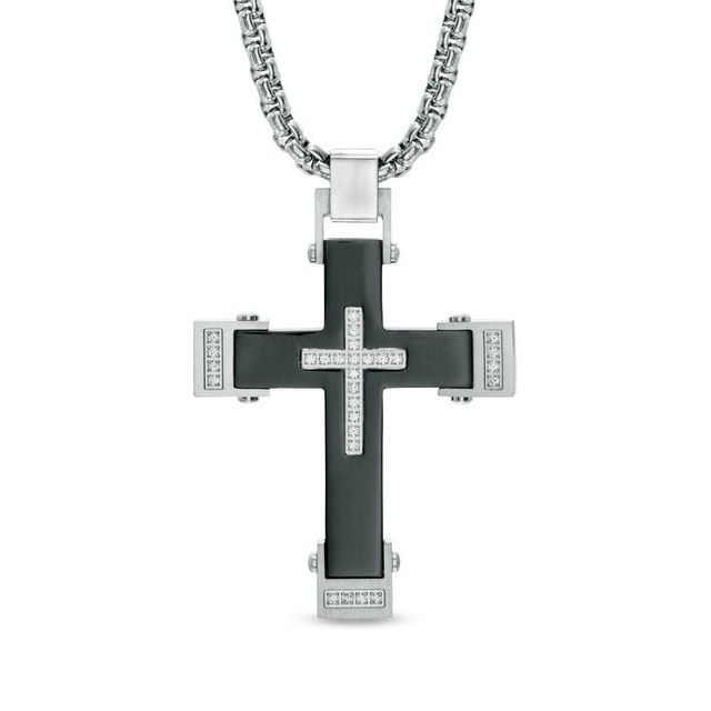 Previously Owned - Men's 0.22 CT. T.W. Diamond Cross Pendant in Two-Tone Stainless Steel - 24"|Peoples Jewellers