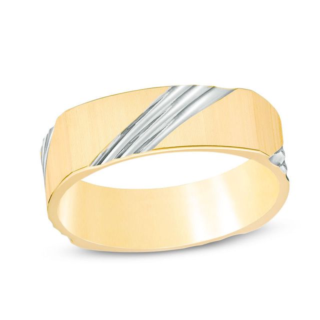 Previously Owned -  Men's 6.0mm Slant Stripe Wedding Band in 10K Gold and White Rhodium|Peoples Jewellers