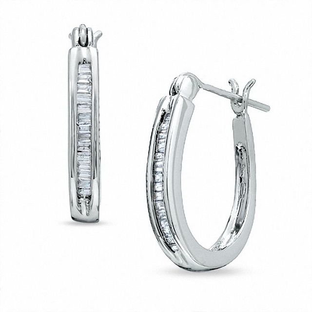 Previously Owned - 0.25 CT. T.W. Baguette Diamond Channel-Set Hoop Earrings in 10K White Gold|Peoples Jewellers