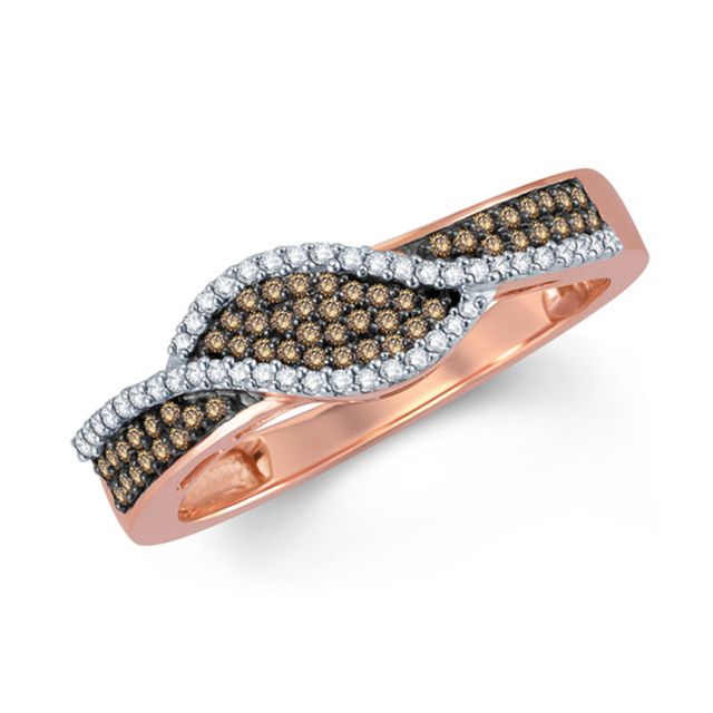 Previously Owned - 0.25 CT. T.W. Champagne and White Diamond Wave Bypass Ring in 10K Rose Gold