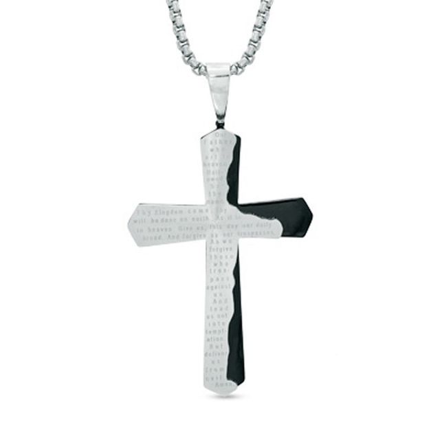 Previously Owned - Men's Lord's Prayer Cross Pendant in Stainless Steel and Black IP - 24"|Peoples Jewellers