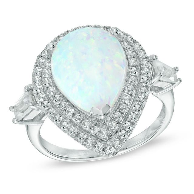 Previously Owned - Pear-Shaped Lab-Created Opal and White Sapphire Frame Ring in Sterling Silver